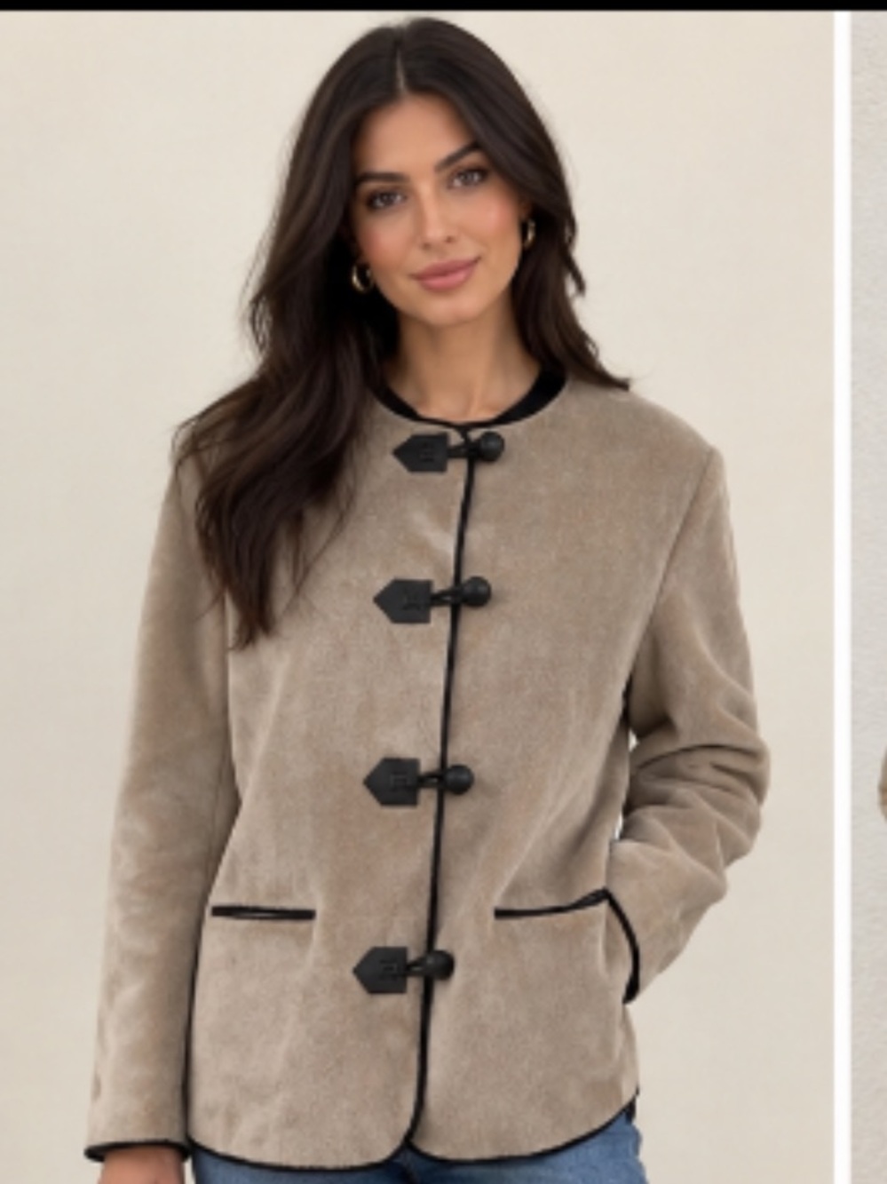 Classic style, soft girl vibes 🆕. Tahari Tan Teddy Jacket with Black Trim.